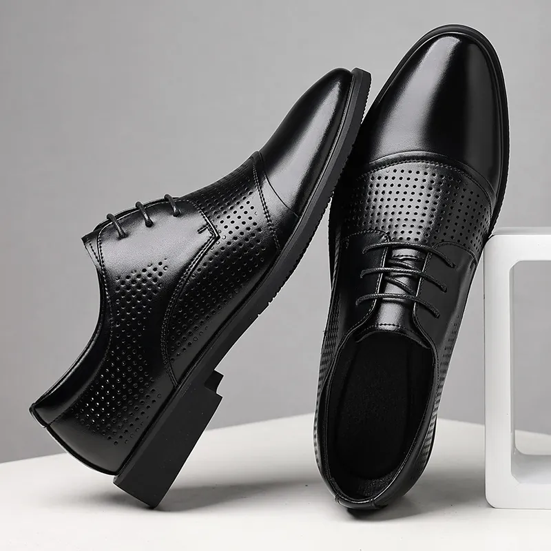Chaussures Formelles en Cuir Recyclé pour Hommes Ajourées Respirantes Noires Lacets Oxford Sandales en Cuir d'Été