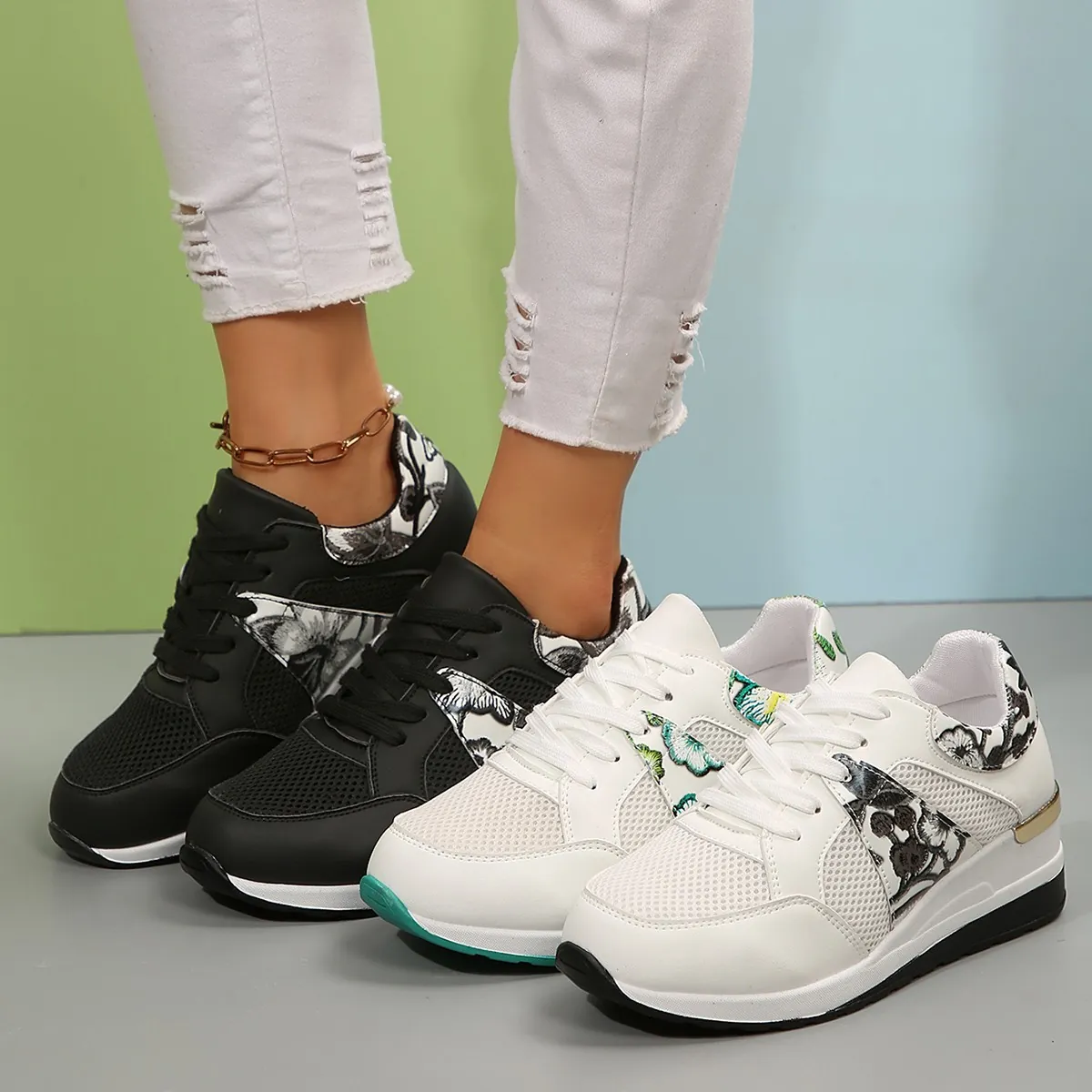 Γυναικεία Αναπνεύσιμα Διχτυωτά Sneakers Πλατφόρμα Μόδα Λουλουδάτο Κέντημα Χοντρή Σόλα Παπούτσια με Κορδόνια για Καθημερινό Casual Φοιτητές Περπάτημα