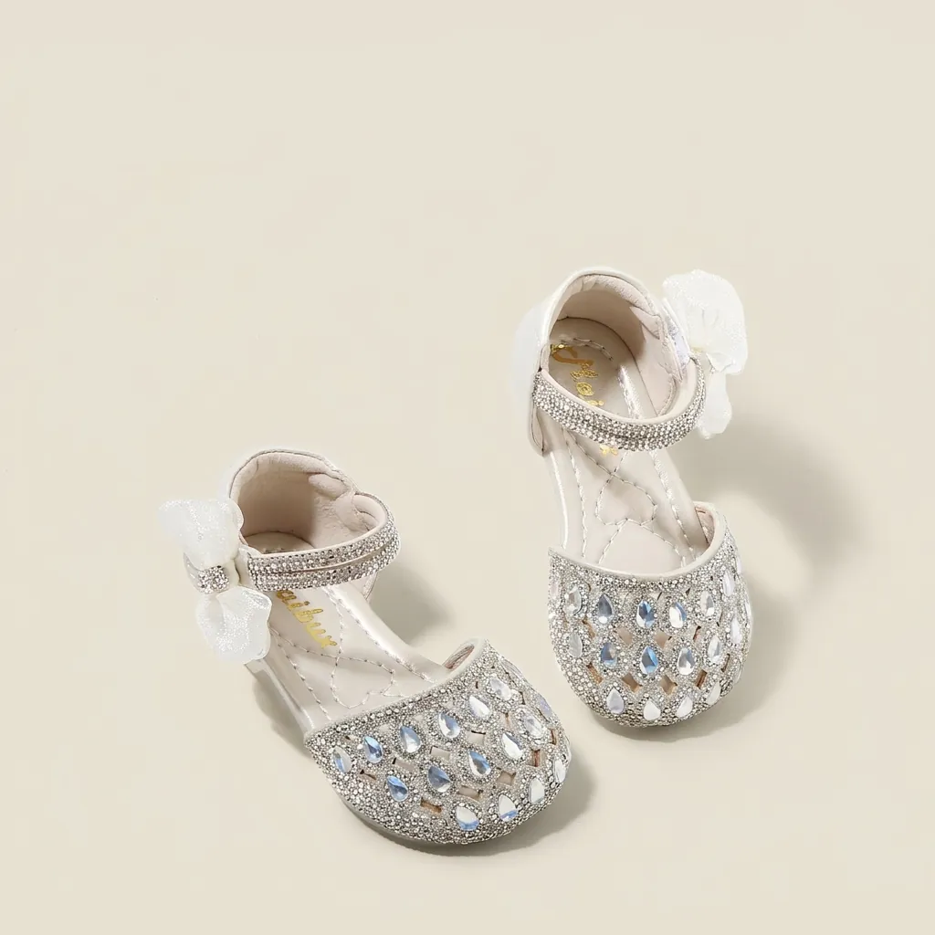 Sandali da Principessa per Neonata in Pelle Microfibra con Fiocco e Strass Scarpe Primi Passi Antiscivolo Suola Morbida Festa Matrimonio