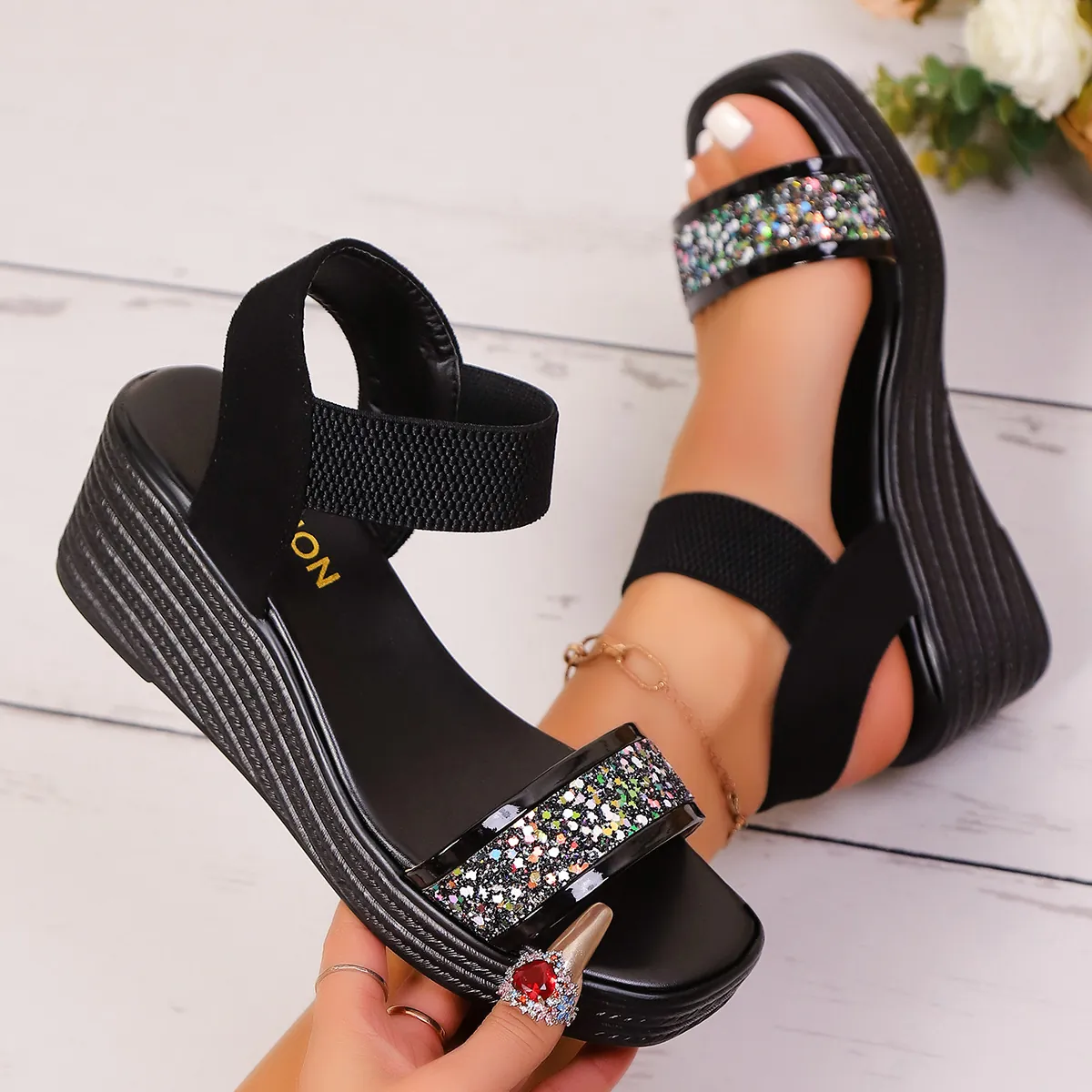 Damen Keilabsatz Plateau Sandalen Strass Glitzer Offene Zehen Quadratische Zehe Elastisches Band Sommer Lässig Strand Schuhe