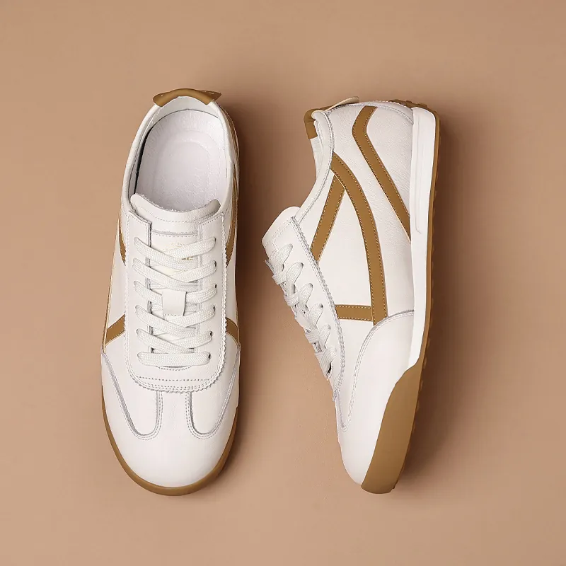 Men Vintage German Army Trainer Shoes First Layer Cowhide Leather Soft Sole White Sneakers Color Block Round Toe Lightweight Casual Sports Shoes
