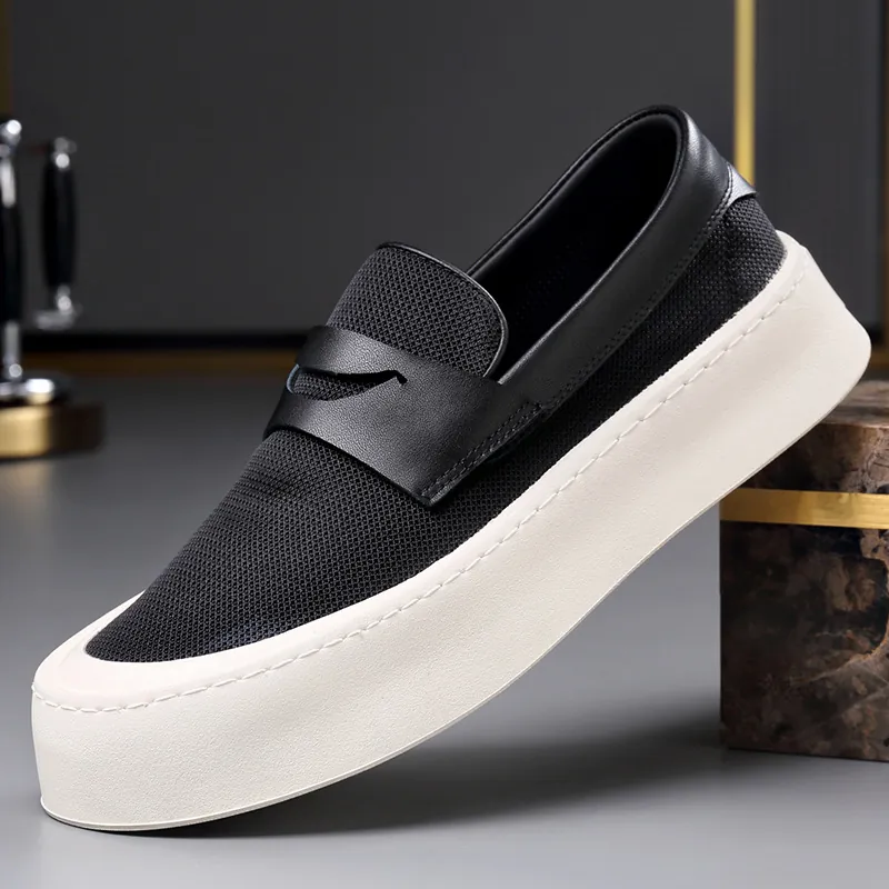 Heren Casual Schoenen Ademend Mesh Stof Opengewerkt Dikke Zool Hoogteverhogend Instappers Modieuze Zomer Sneakers