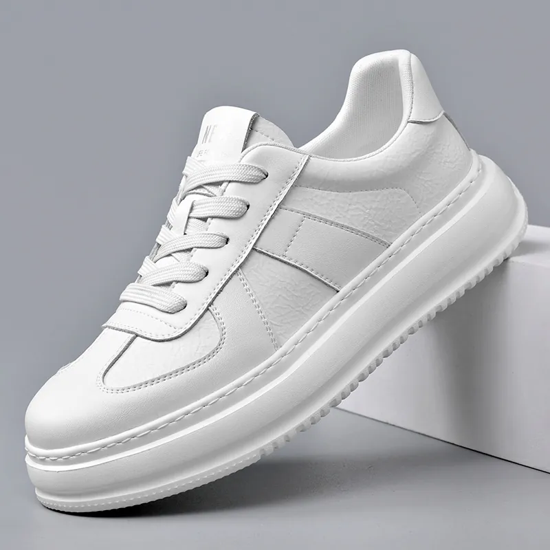 Chaussures de Skate Blanches en Cuir de Vachette Homme Semelle Épaisse Semelle en Mousse Caoutchouc Baskets Mode Décontractées