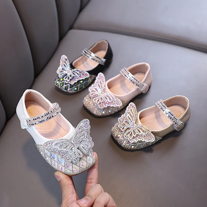 Girls Princess Rhinestone Bow Mary Jane Shoes Glitter Butterfly Formal Dress Shoes For Wedding Party Dance Performance