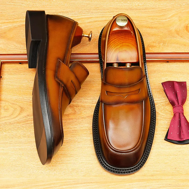 Heren Britse Vintage Echt Leren Loafers Ronde Neus Zakelijk Casual Formele Slip-on Schoenen Voor Kantoor
