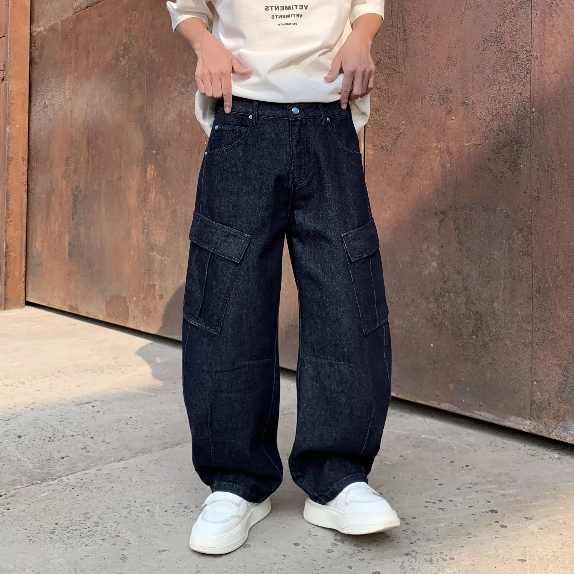 Men American Streetwear Deep Blue Washed Cargo Jeans Loose Straight Leg Denim Pants Multi Pocket Hip Hop Trousers