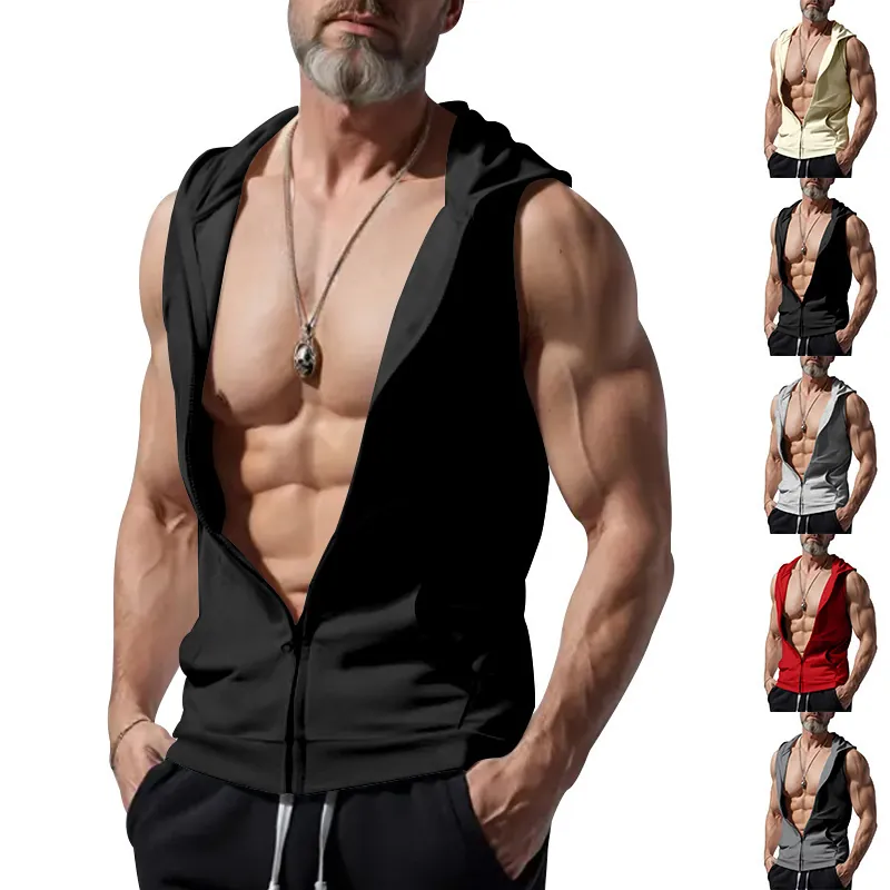 Herren Ärmellose Kapuzenweste Hoodie Polyester Lässige Urbane Sportjacke Top Für Fitnessstudio Fitness Training