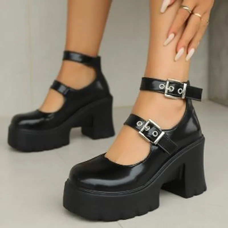 Scarpe Mary Jane da Donna Retro in Microfibra Verniciata Plateau Spesso Tacco Alto a Blocco Stile JK Pumps Britanniche