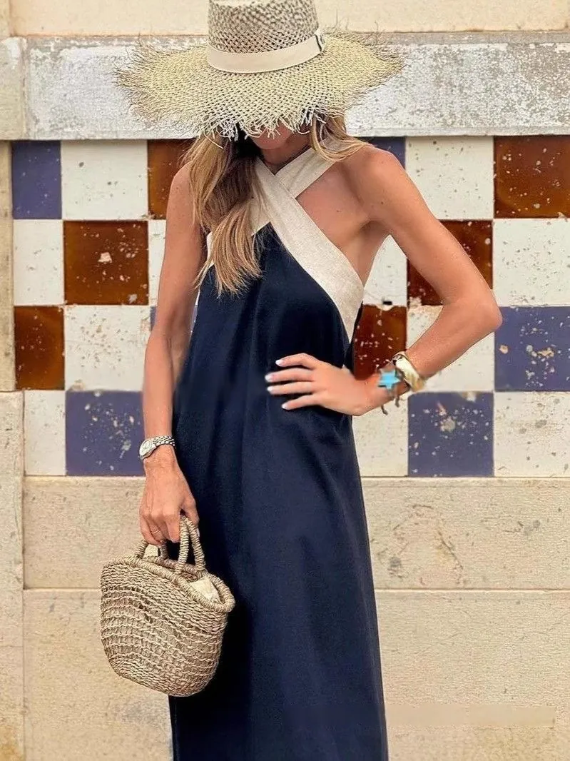 Women Summer Halter Neck Color Block Sleeveless Maxi Dress Casual Loose Patchwork Vacation Sun Dress Polyester Spandex