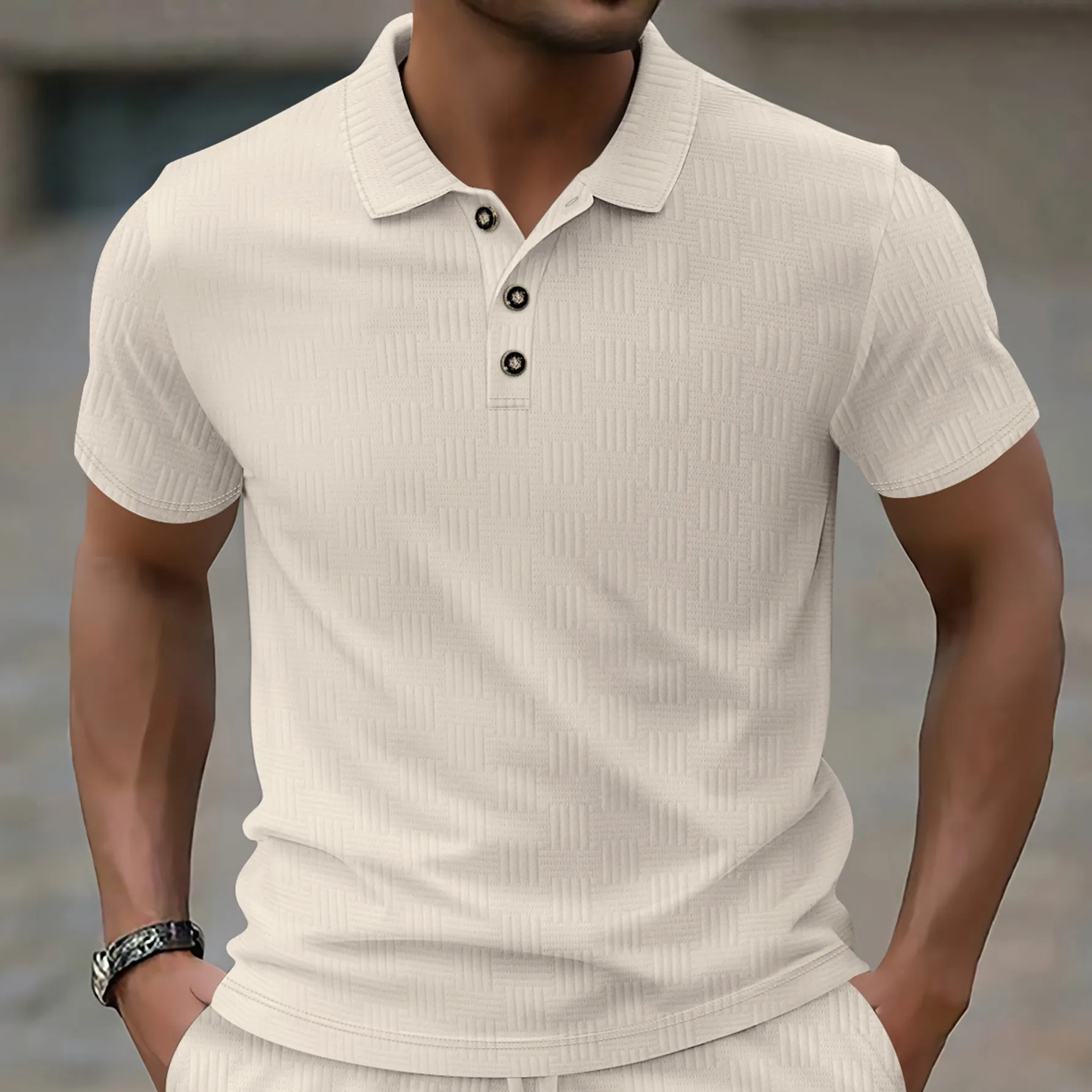 Casual Men Short Sleeve Polo Shirt Heavyweight Jacquard Fabric Turn-down Collar Solid Color Fashion Men Top For Summer Daily