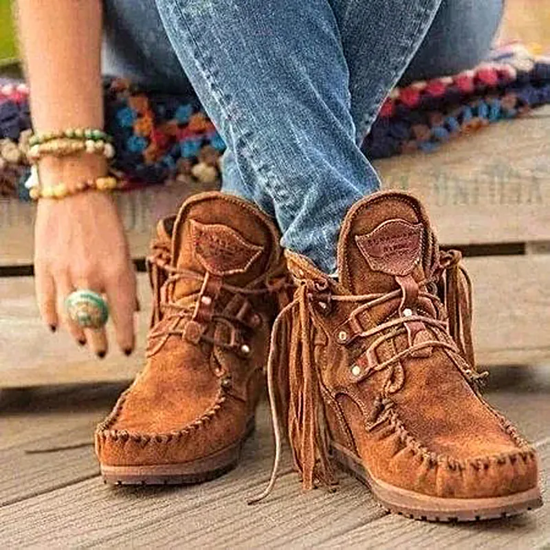 Damen Western Cowboy Quasten Ankle Boots Wildleder Lackleder Schuhe Im Bohemian Stil Mit Fransen Chelsea Stiefeletten