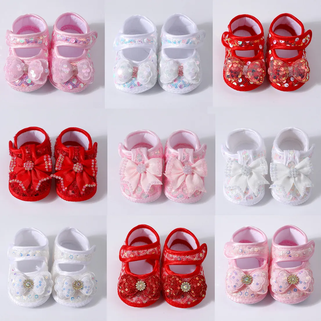 Infant Princess Shoes Mesh Fabric Sequin Bow Soft Sole Baby Girls Prewalker Shoes With Rhinestone Ornament Newborn Anti-Slip Toddler Shoes