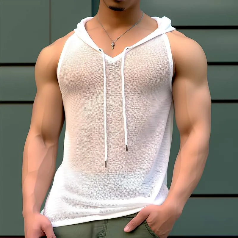 Herren Mesh Tanktop Mit Kapuze Durchsichtiges Muskel Gym Weste Ärmelloses Kordelzug Sportoberteil Polyester Atmungsaktiv Fitness Bekleidung