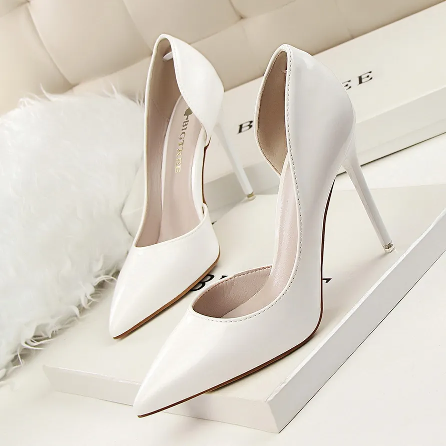 Women Sexy Pointed Toe High Heels Patent Leather d'Orsay Cutout Stiletto Pumps Party Banquet Elegant Fashion Dress Shoes