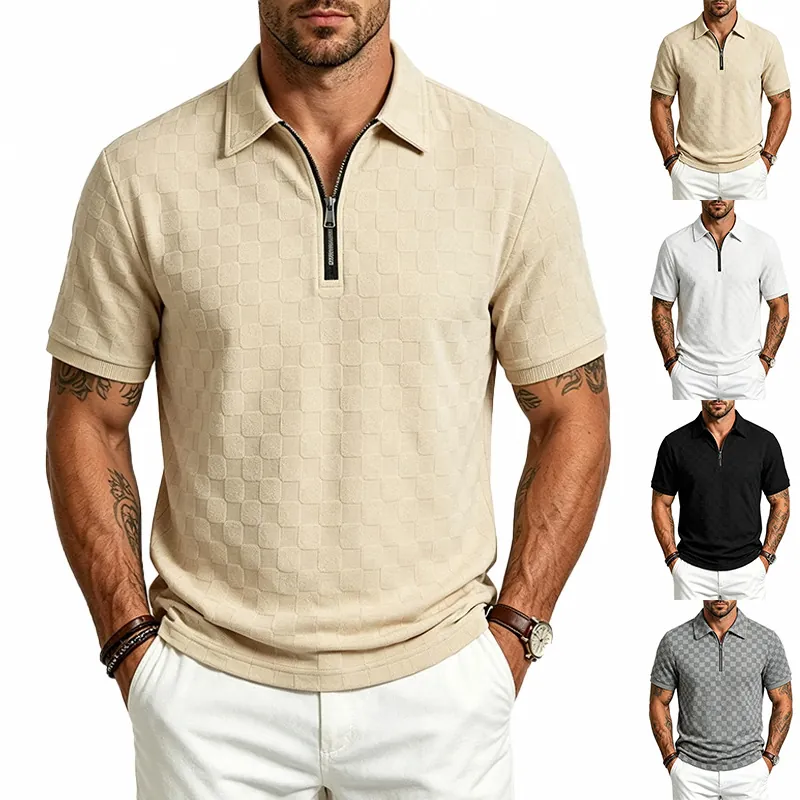 Polo da Uomo Pesante Jacquard a Scacchiera Casual Larga Mezza Zip Revers Manica Corta Top Estate Moda Streetwear