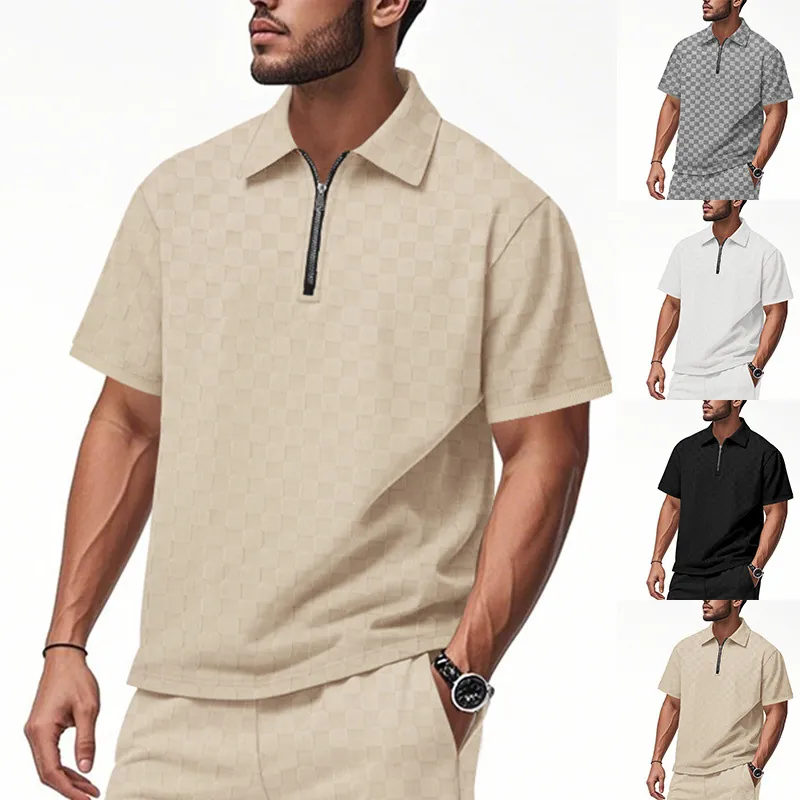 Men Summer Heavyweight Checkerboard Jacquard Polo Shirt Casual Loose Half Zip Short Sleeve Lapel Top Fashion Male Clothing