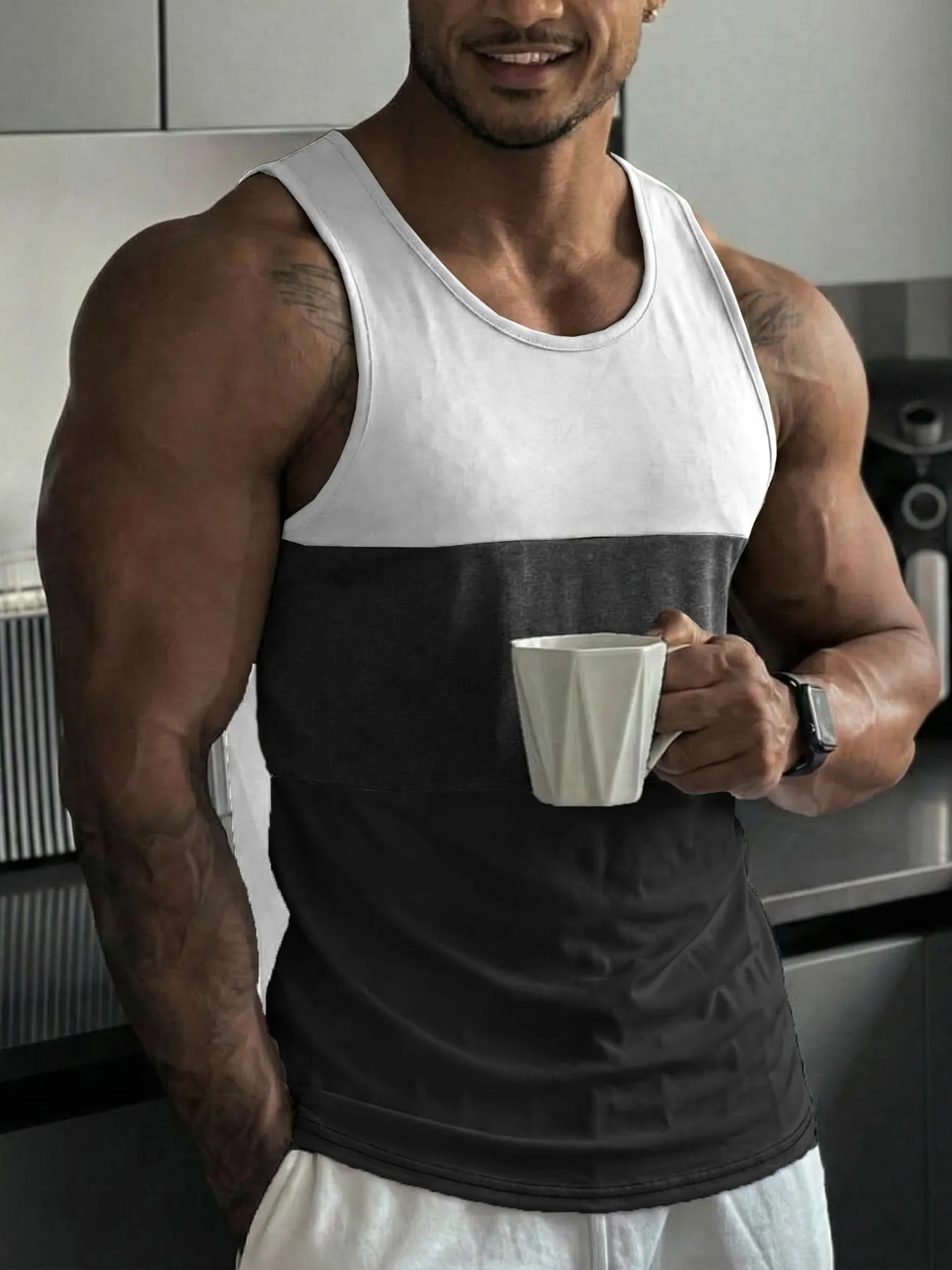 Men Slim Fit Gym Tank Top Sleeveless Color Block Patchwork Muscle Vest Breathable Sporty Workout Fitness Running Outdoor Top