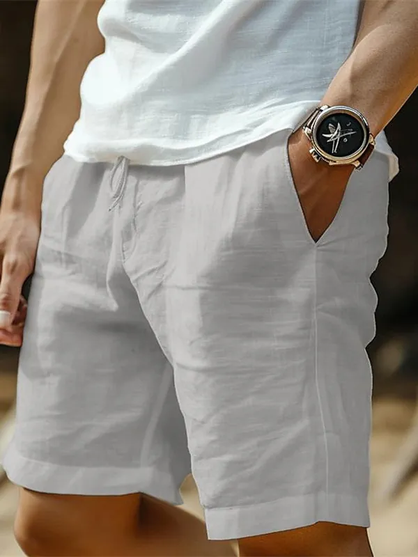 Short Décontracté en Coton pour Hommes Cordon de Serrage Taille Élastique Coupe Droite Respirant Plage Couleur Unie Été