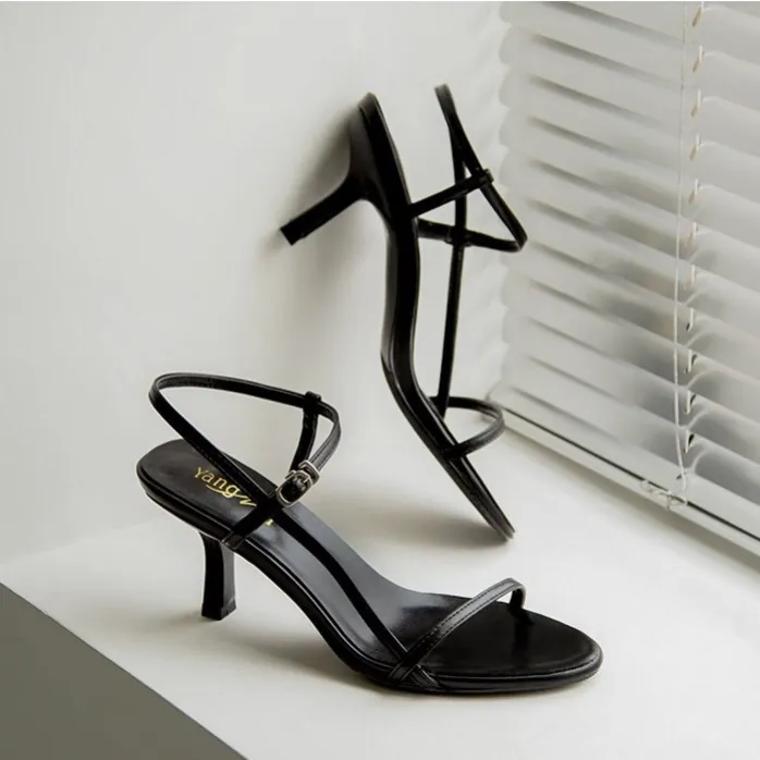 Women Stiletto High Heel Sandals PU Leather Ankle Strap Open Toe Sexy Minimalist Party Dress Shoes Fashion Footwear