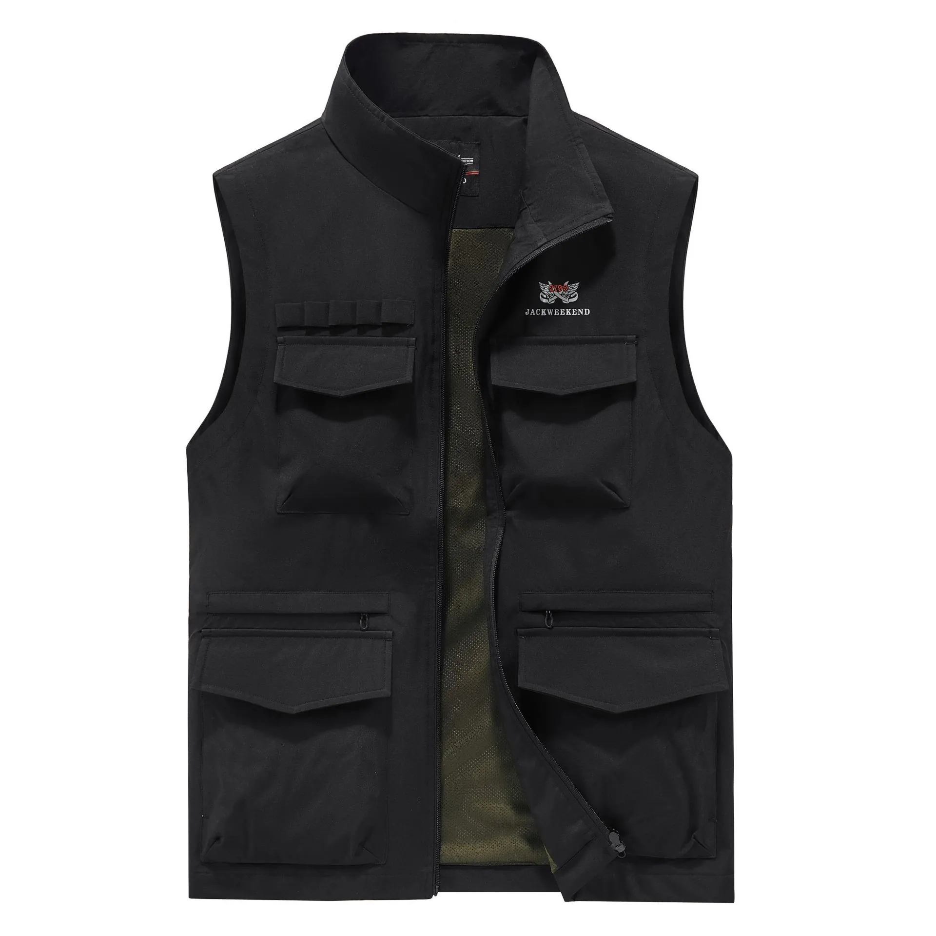 Men's Outdoor Casual Cargo Vest Lightweight Breathable Mesh Lining Multi-Pocket Stand Collar Polyester Waistcoat For Fishing Camping Top