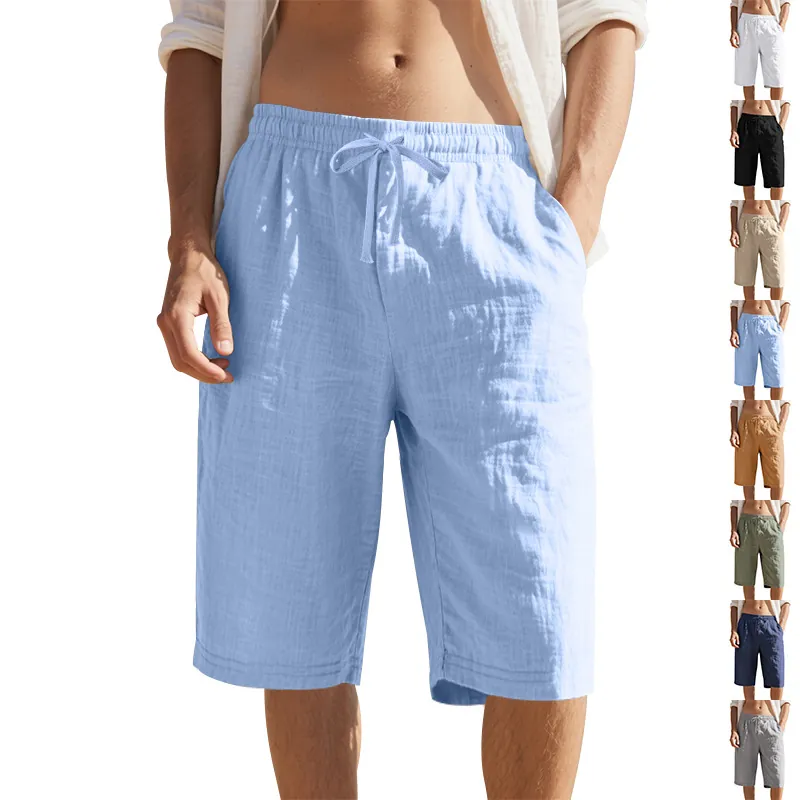 Men Summer Linen Shorts Casual Beach Loose Straight Capri Pants Lightweight Breathable Drawstring Elastic Waist Bottoms