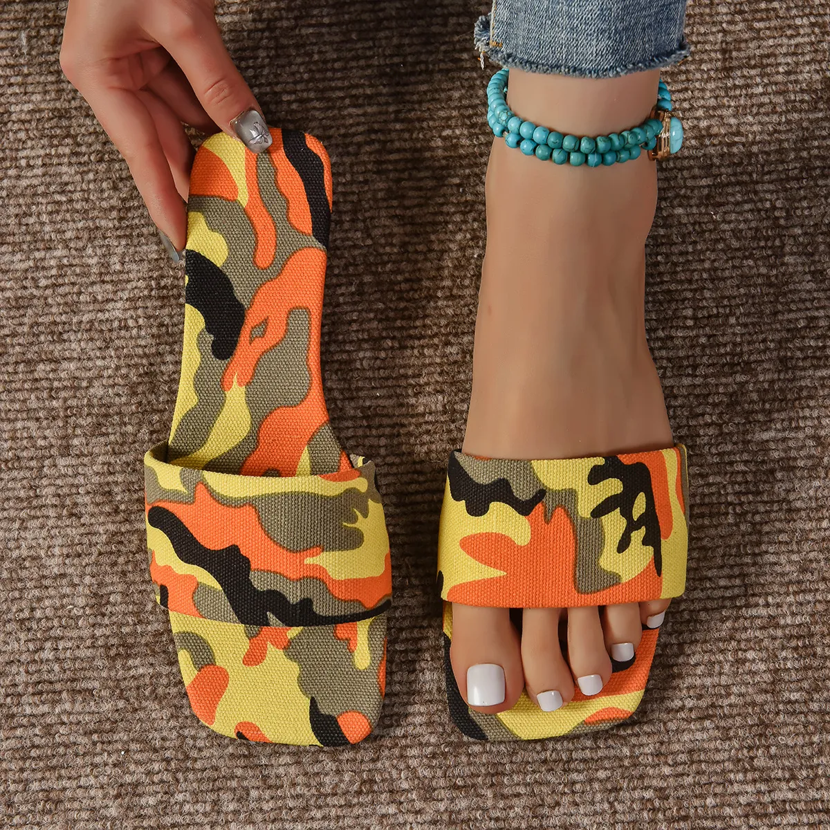 Women's Camouflage Print Flat Slides Sandals Open Toe Beach Slippers Square Toe Lightweight Outdoor Fashion Footwear
