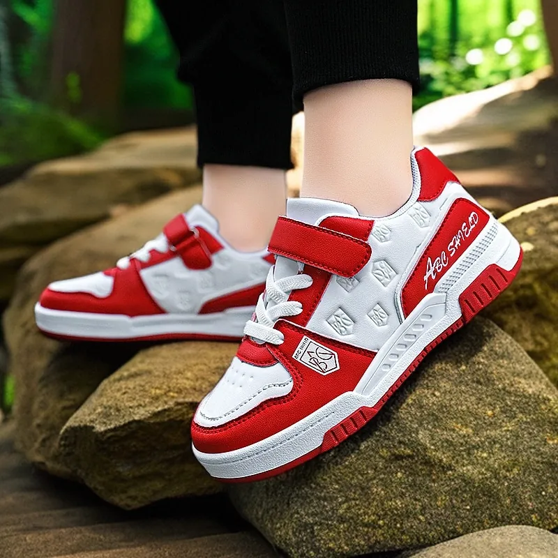 Kids Boys Girls Casual Skate Shoes Breathable Synthetic Leather Sneakers Patchwork Sports Shoes With Hook And Loop Closure