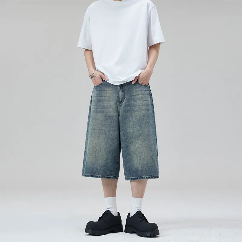 Men's American Retro Loose Wide Leg Denim Jorts Washed Straight Seven-Point Jeans Streetwear Baggy Casual Denim Shorts