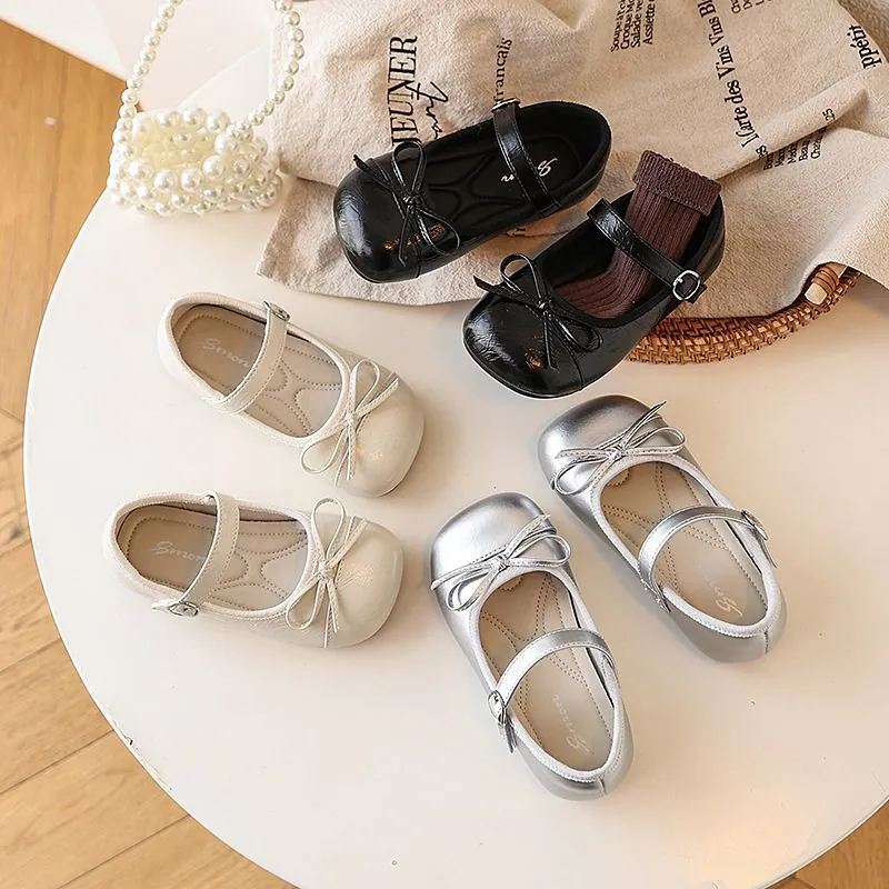 Girls Bow Mary Jane Princess Shoes Korean Style PU Leather Flat Shoes Comfortable Buckle Kids Leather Shoes For Spring Wedding Party