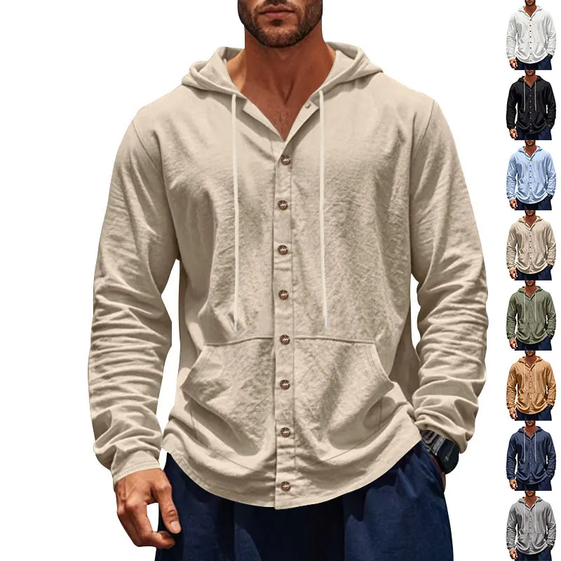 Camicia da Uomo Casual in Misto Lino con Cappuccio Manica Lunga Vestibilità Comoda Camicia da Spiaggia Tinta Unita Stile Americano Top Leggero
