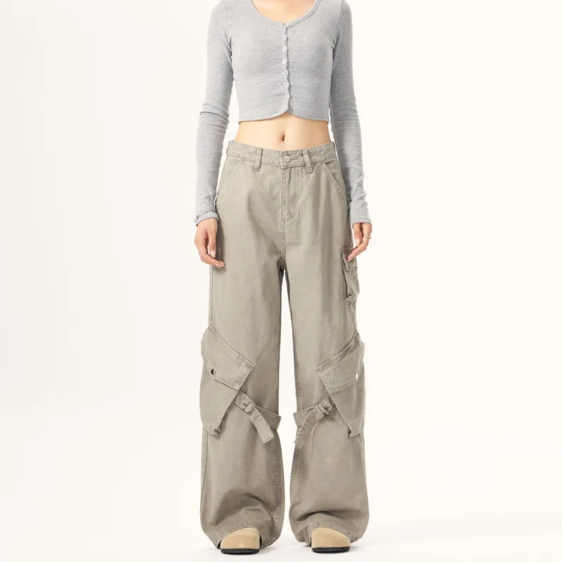 American Retro High Street Wide Leg Cargo Pants For Women Men Multi Pocket Deconstructed Straps Loose Bottoms