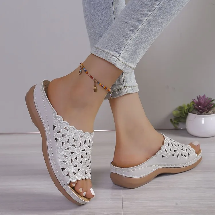 Sandalias de Punta Abierta Bordadas con Flores Caladas para Mujer Pantuflas de Cuña de Cuero de Vaca Zapatos de Playa al Aire Libre