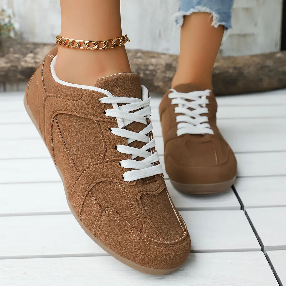 Zapatillas GAT Vintage para Mujer Marrón Leopardo Aspecto Ante PU Zapatos Casuales Deportivos Planos con Cordones Antideslizantes