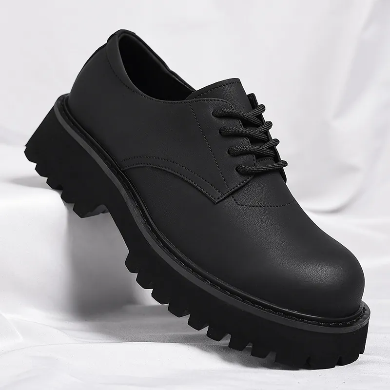 Men American High Street Black Derby Shoes Vintage Chunky Sole Matte Regenerated Leather Lace Up Non-Slip Casual Dress Shoes