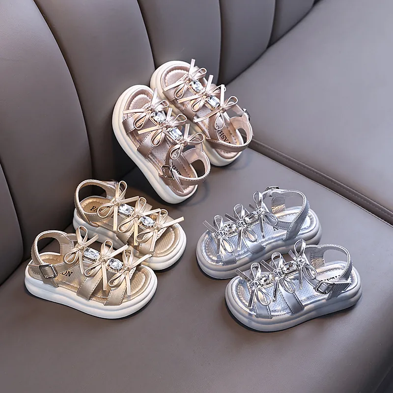 Girls Princess Sandals Summer Rhinestone Bow Kids Dress Shoes Sparkling Performance Dance Sandals For Little Big Kids