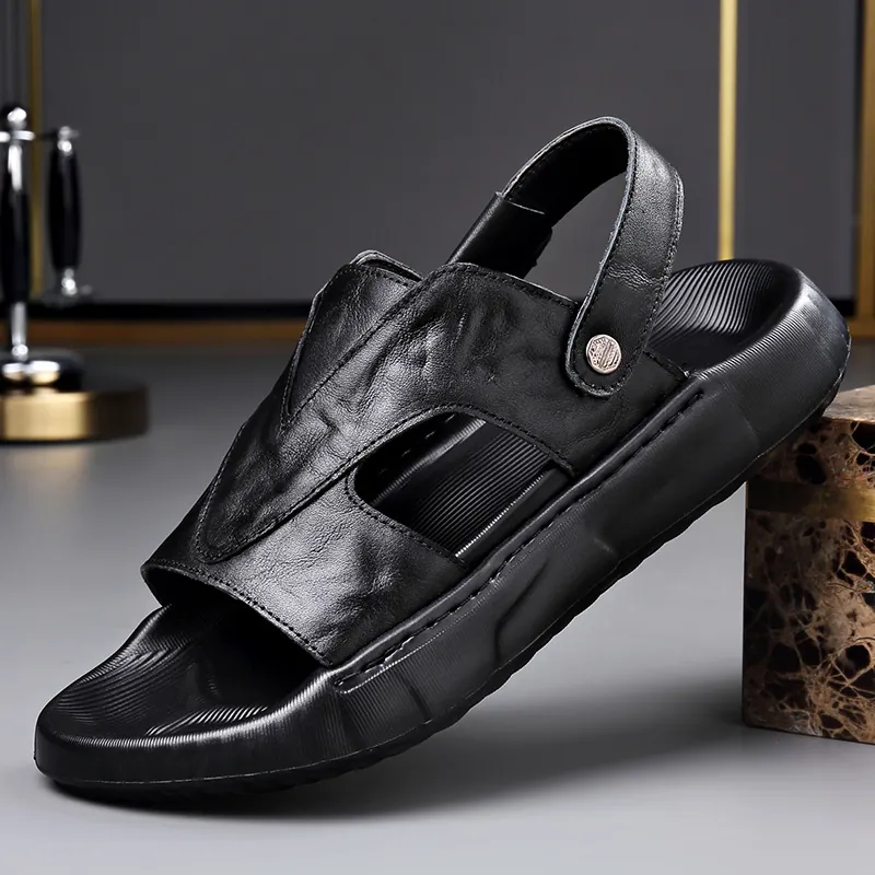 Men Casual First Layer Cowhide Leather Sandals Breathable Lightweight Thick Sole Slides Summer Outdoor Beach Shoes For Men
