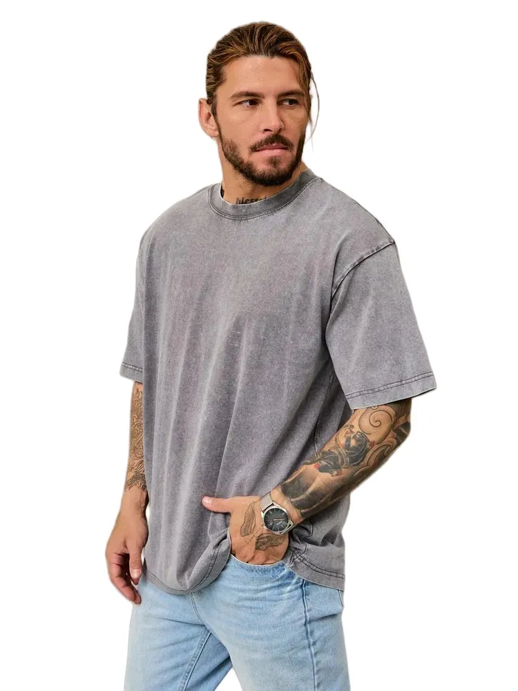 Vintage Acid Wash T-Shirt Men Women 100% Cotton Heavyweight Oversized Tee Snow Wash Loose Fit Drop Shoulder Streetwear Top