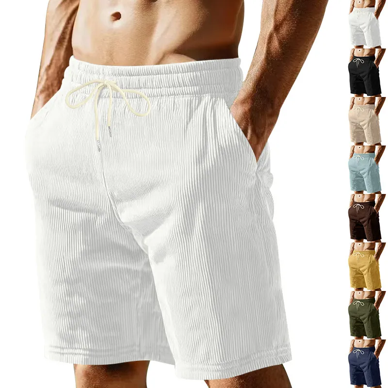 Men Summer Casual Corduroy Shorts Solid Color Drawstring Elastic Waist Five Point Sporty Shorts For Men Beach Wear