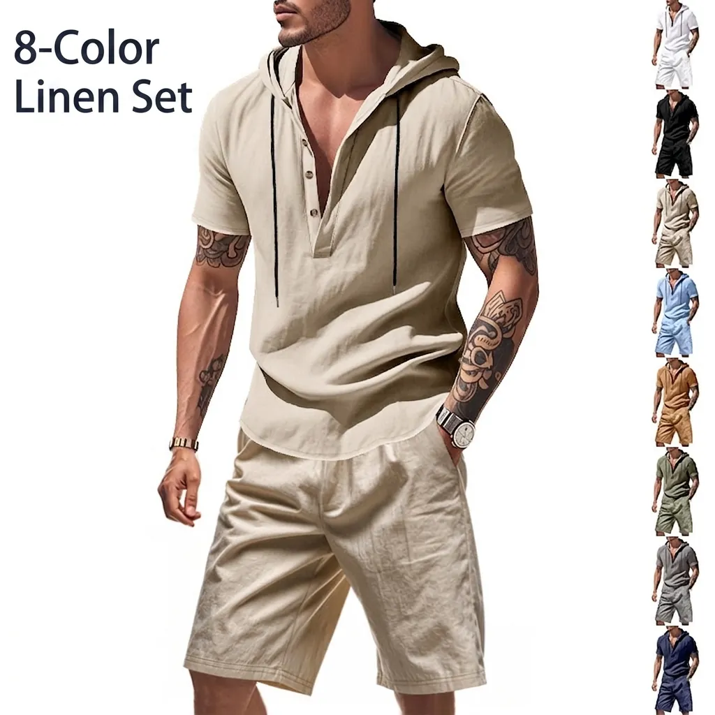 Men Summer Linen Blend Hooded Short Sleeve Shirt And Shorts Top And Bottom Set American Beach Casual Breathable Clothing