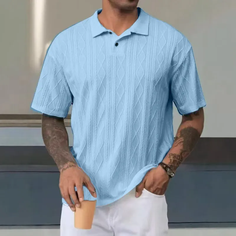 Herren Casual Kurzarm Poloshirt Sommer Einfarbig Texturiert Jacquard Strick Revers Top Atmungsaktiv Reguläre Passform Polo