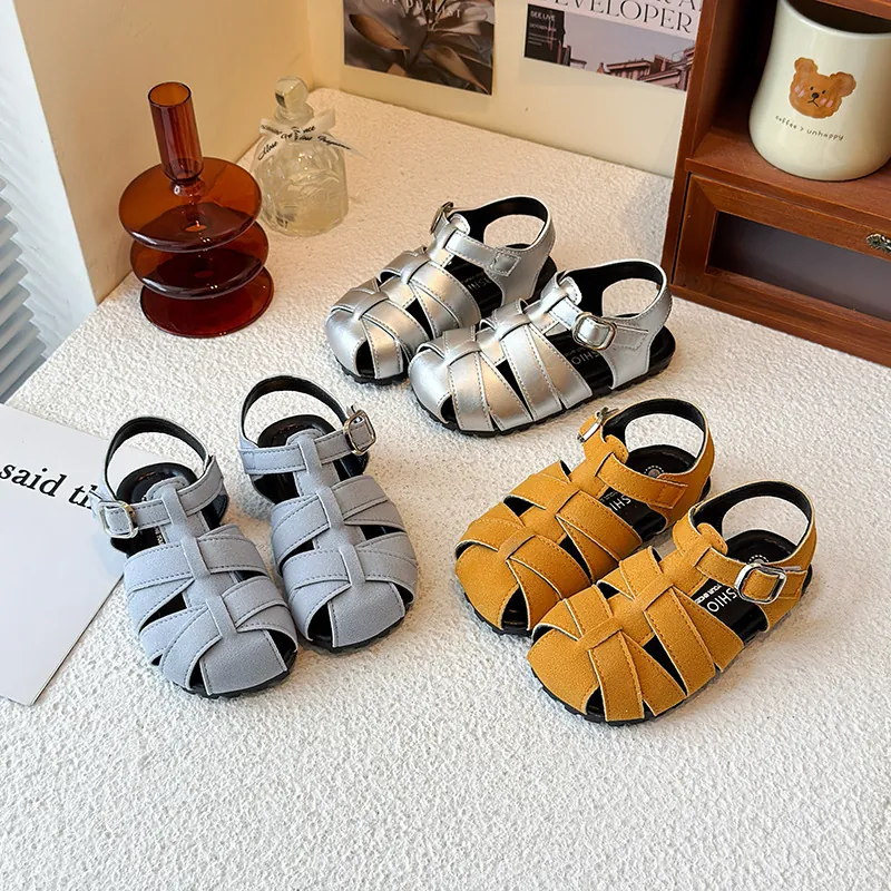 Kids Woven Roman Sandals Retro Closed Toe Beach Shoes For Boys Girls Summer Casual Hollow Out Hook And Loop Sandals