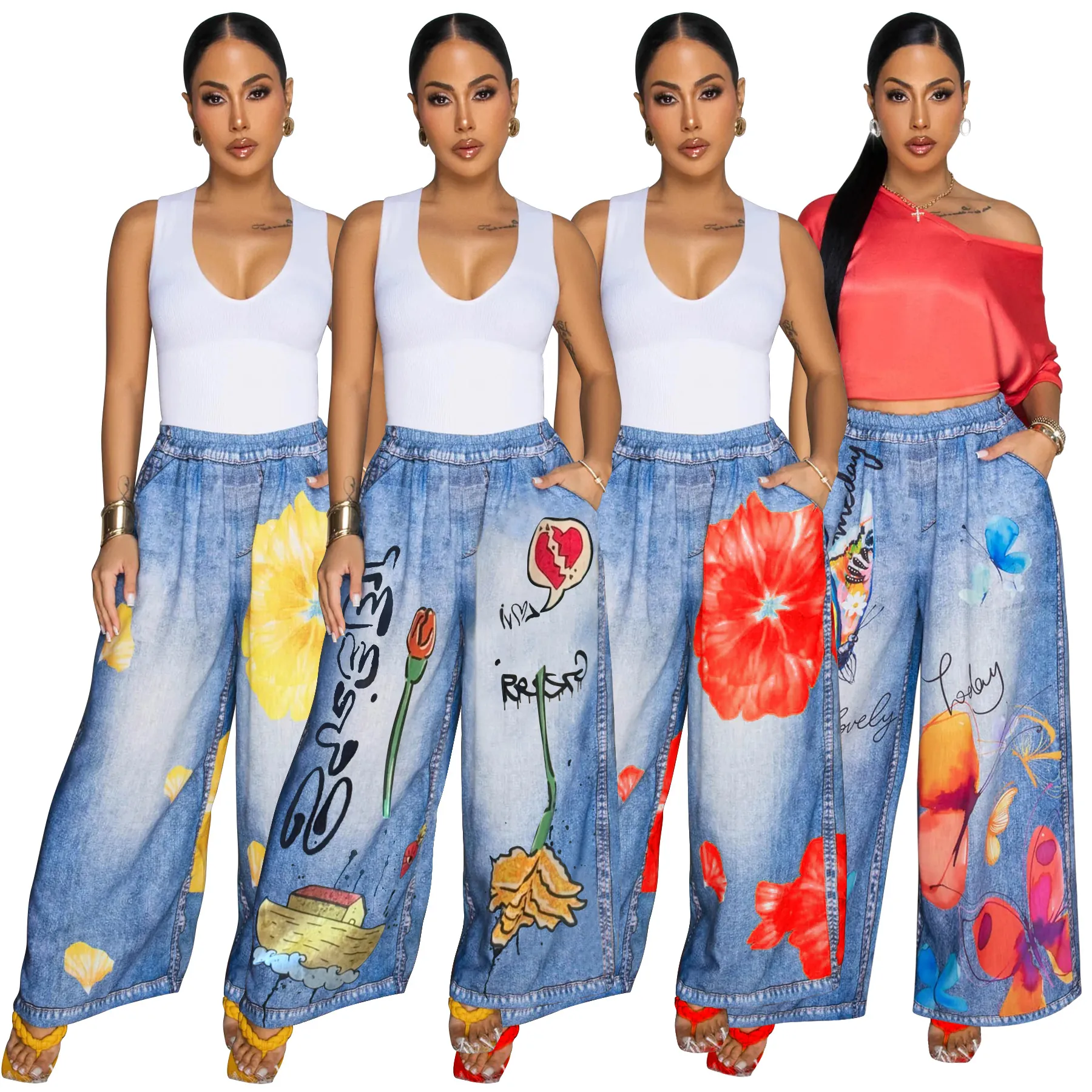 Women High Waisted Wide Leg Pants Floral Butterfly Printed Loose Casual Trousers Polyester Elastic Waist Trousers Daily Streetwear