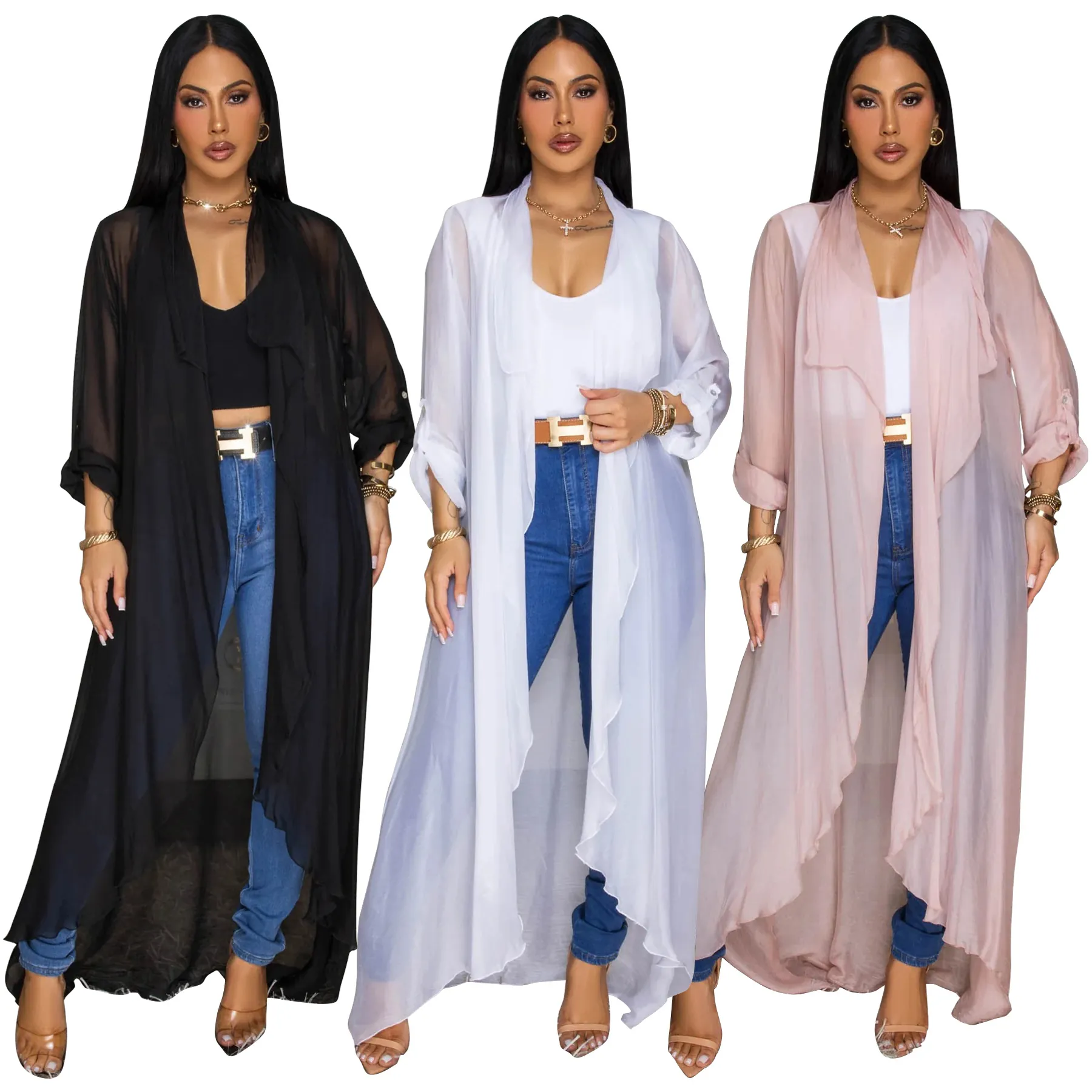 Women's Extra Long Chiffon Cardigan Loose Western Style Sheer Sun Protection Summer Beach Cover Up Polyester Casual Coat