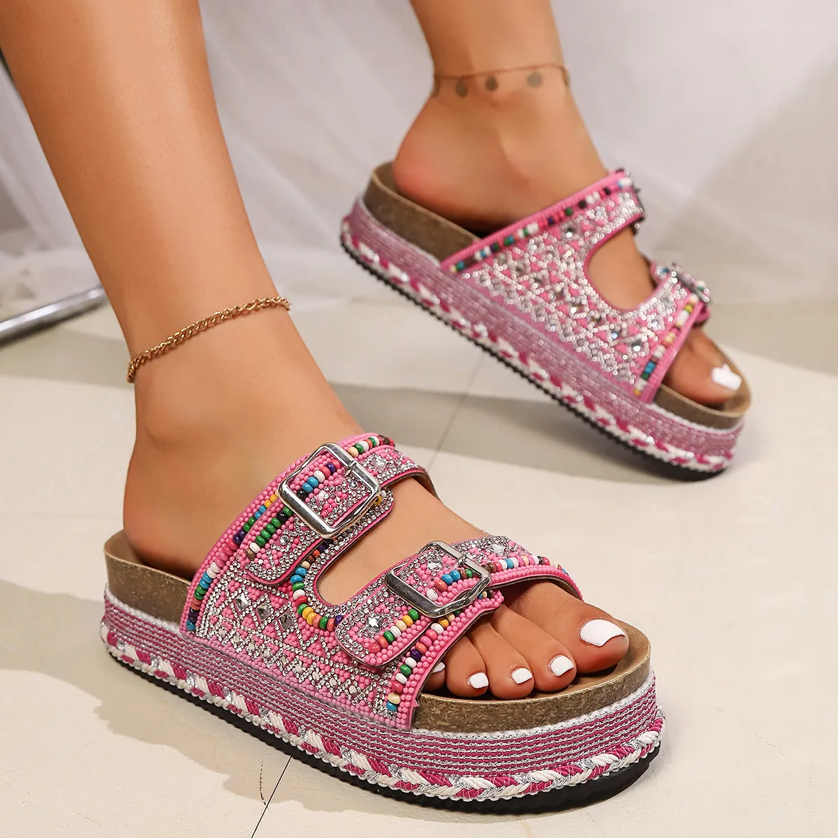 Women Bohemian Platform Slides With Artificial Pearl Rhinestone PU Leather EVA Sole Double Buckle Cork Sandals Summer Shoes