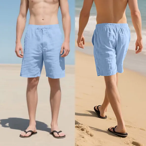 Men Summer Linen Blend Shorts Casual Loose Straight Five Point Pants Elastic Drawstring Waist Sporty Shorts With Pockets