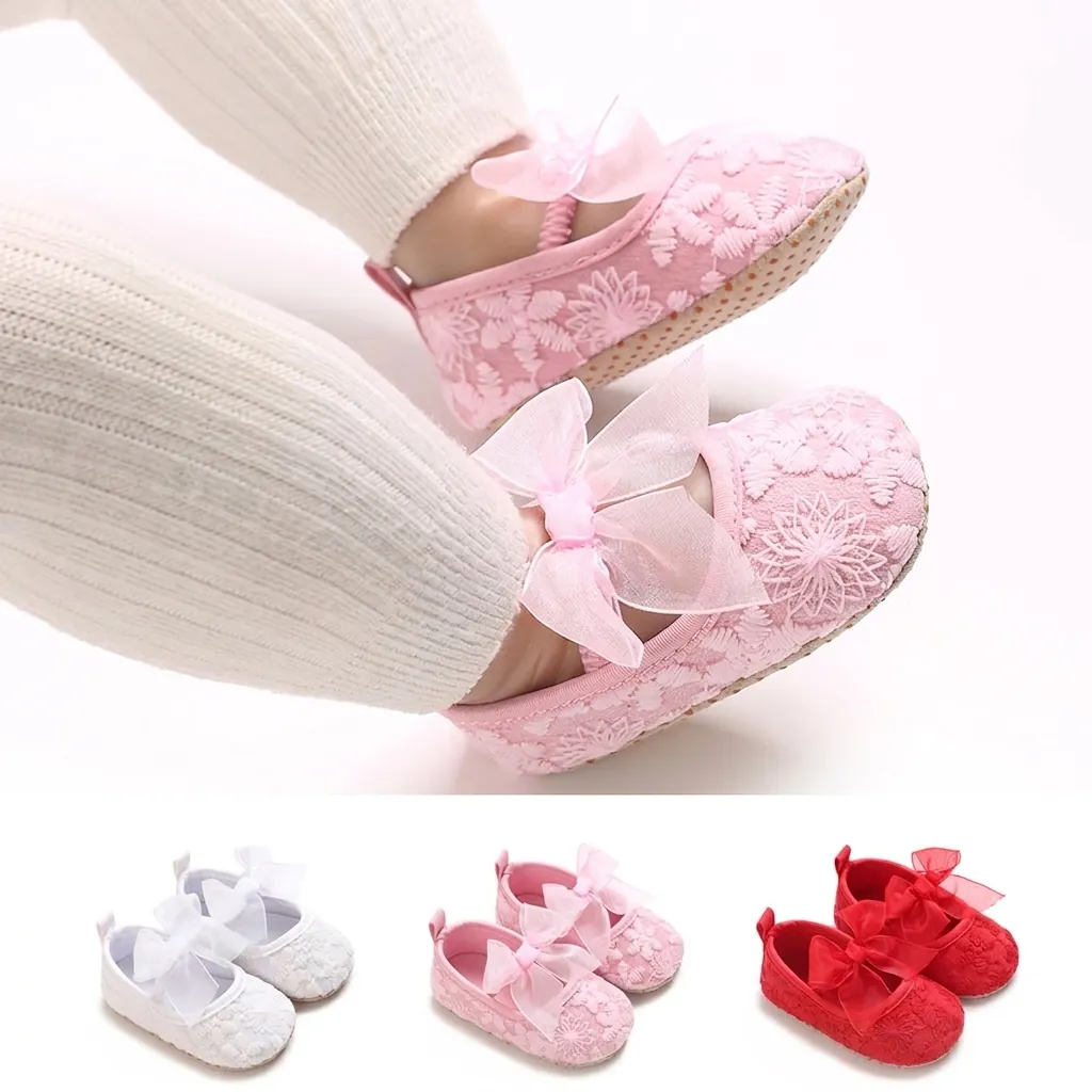 Cute Baby Girl Pre-walker Shoes With Large Bow Lace Embroidery Cotton Soft Sole Anti-slip Infant First Walkers For Baptism Party