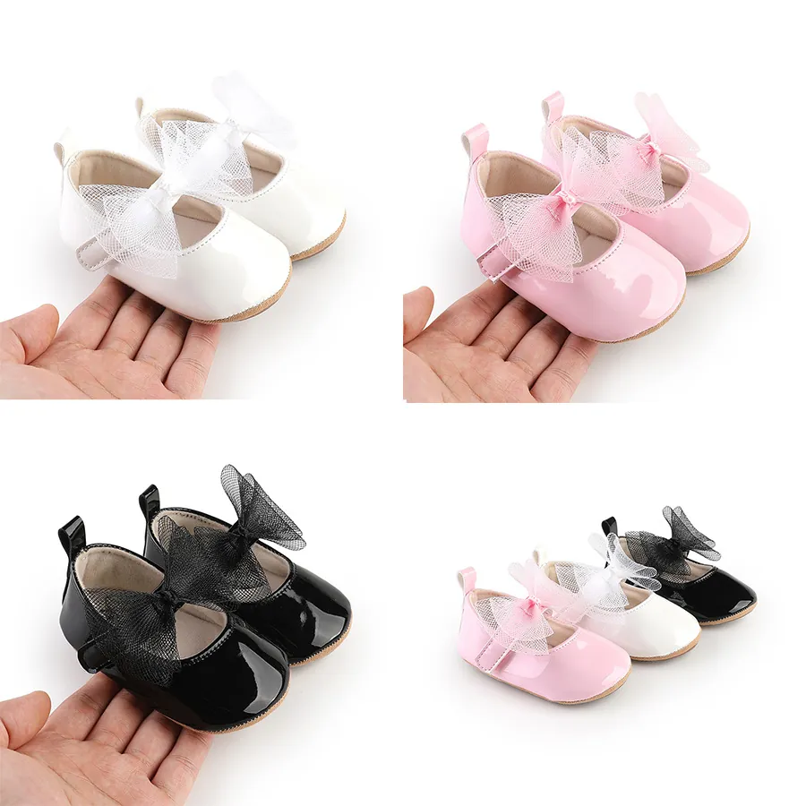Zapatos de Aprendizaje Princesa para Bebé Niña Cuero de Patente Lazo de Malla Grande Antideslizante Mary Jane Zapatos Planos para Recién Nacido Primavera Otoño