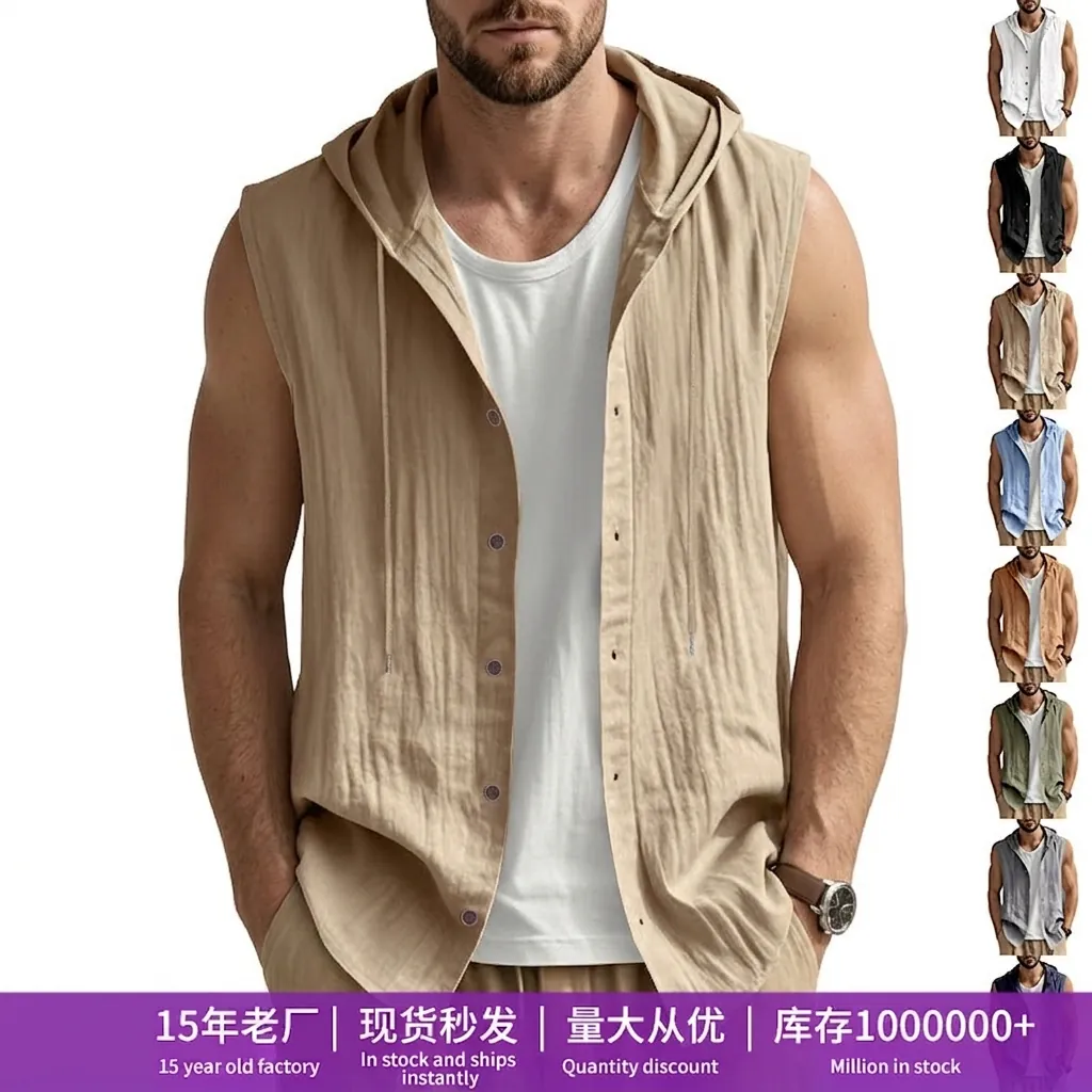 Men Casual Linen Sleeveless Hooded Shirt Loose Button Down Solid Color Vest Top For Vacation Daily Wear Summer Clothing