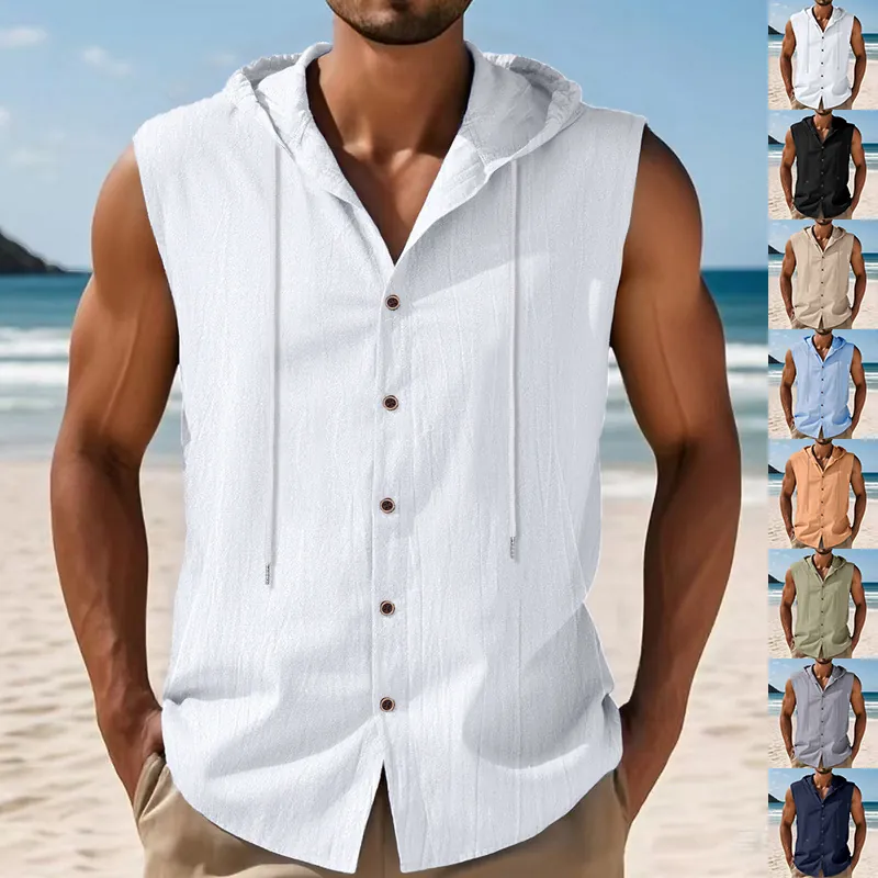 Camicia da Uomo Estiva Casual in Misto Lino Senza Maniche con Cappuccio Cardigan Largo Hip Hop per Spiaggia
