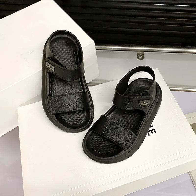 Sandales de Sport Enfants Noir Cuir PU Velcro Chaussures de Plage Antidérapant Décontracté Étudiant pour Garçons Filles